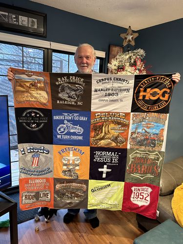 T-shirt quilt with motorcycle riding, harley davidson community themes by Lorie from MO