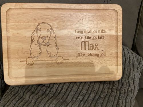 Customer photo review of Personalised Chopping Board - Dog Breed & Name