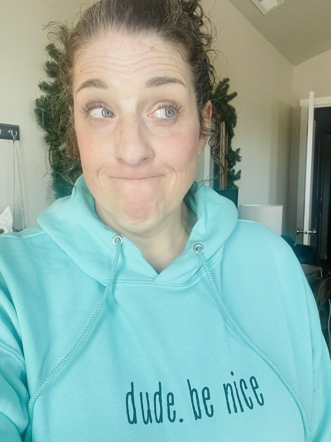 Customer photo review of dude. be nice Hoodie (Mint & Chip Collection)