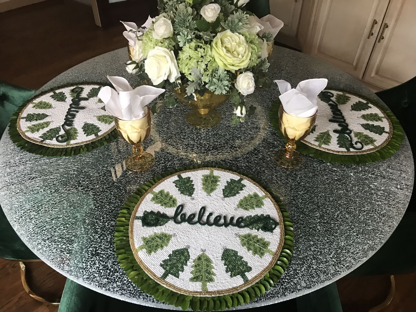 Customer photo review of O Christmas Tree Bead Embroidered PlacematColor: White, Green & GoldSize: 13.5" RoundSet of 2