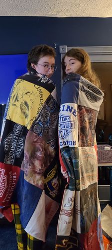 T-shirt quilt with motorcycling, travel themes by Judy from KY