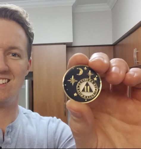 Customer photo review of 2 Year Rocketed to 4th Dimension Specialty AA Recovery Medallion - Tri-Plated Two Year Chip/Coin - Blue