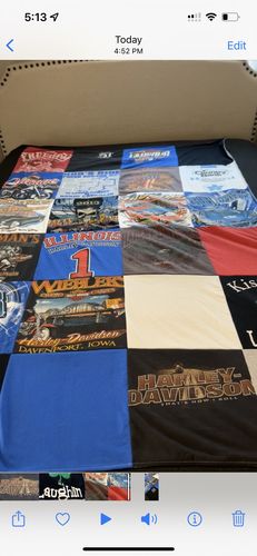 T-shirt quilt with motorcycling, travel themes by Ashley from IL