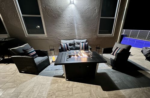 Customer photo review of 52" Rectangular Chat Height Outdoor Propane Gas Fire Pit Table in Gray