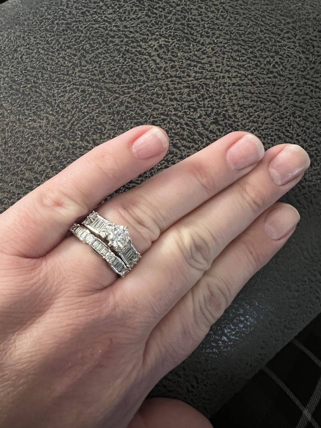 Customer photo review of Round Moissanite Emerald-Cut Side Stone Engagement Ring