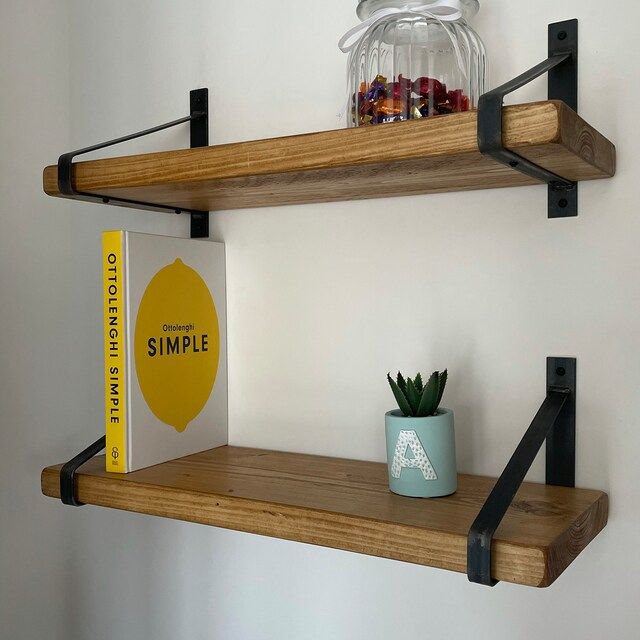 Customer photo review of Rustic Wooden Wall Shelves with Triangle Metal Wall Brackets