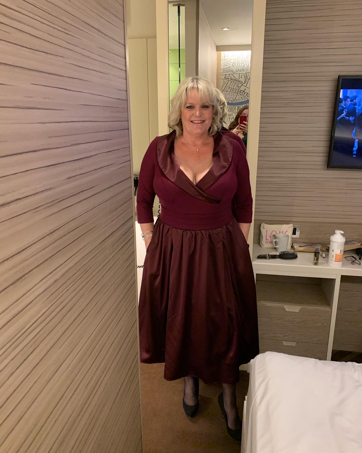 Customer photo review of The Olivia Plum Satin Tuxedo Prom Dress