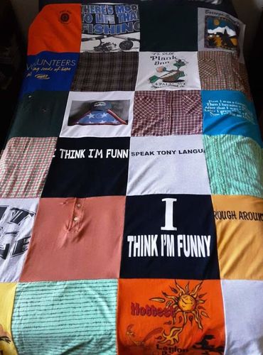 T-shirt quilt with fishing, volunteering themes by doreen from GA