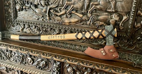 Customer photo review of Viking long axe "Ragnar Lodbrok" with carving and leather wrap
