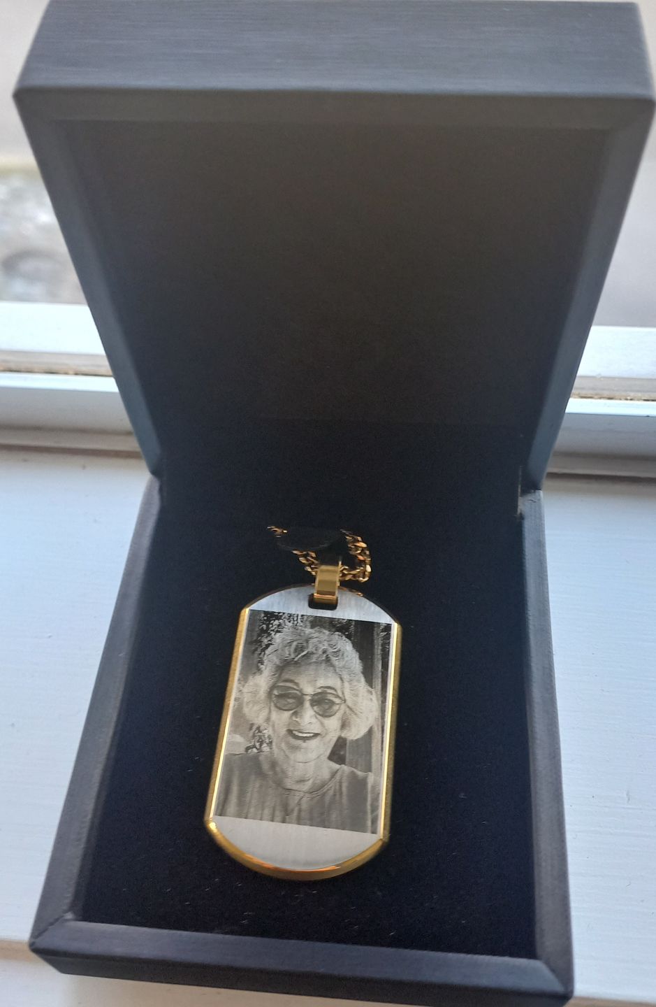 Customer photo review of Two Tone 18K Gold Plated Custom Photo & Text Dog Tag Necklace