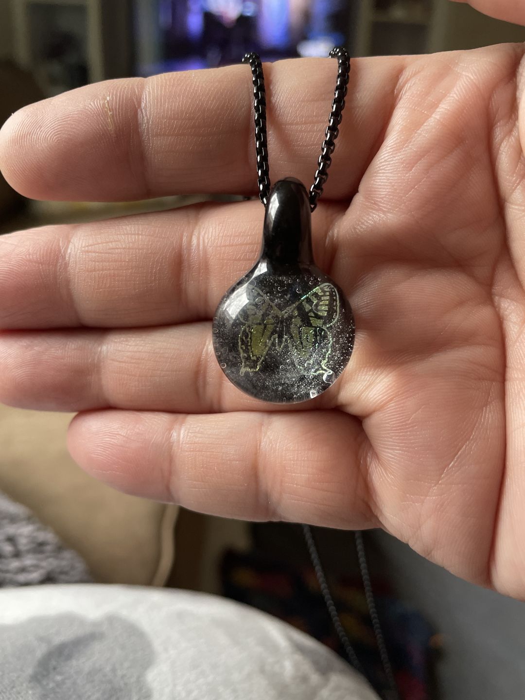 Customer photo review of Butterfly Hologram Pendant with Infused Cremation Ash