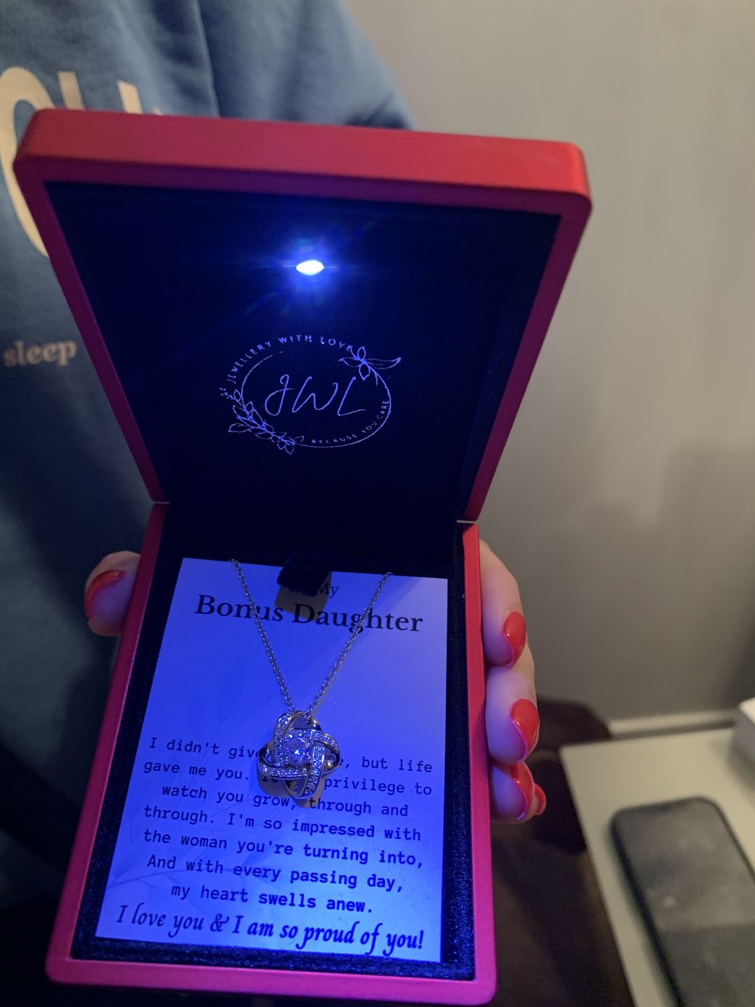 Customer photo review of To My Bonus Daughter - Sterling Silver Love Knot Necklace