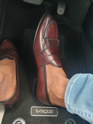 Customer photo review of Belgian Loafer - Dark Brown Phyton Penny Strap with Studded Fringe (Hand Painted Patina)