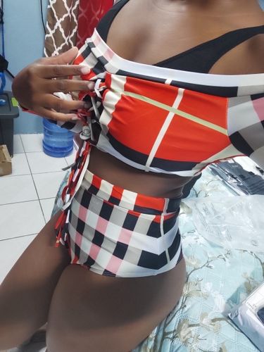 Customer photo review of Checked Unique Off Shoulder High Waisted Cutout Strappy Bikini