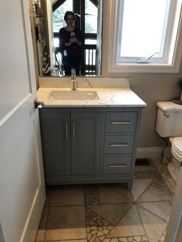 Customer photo review of CCS501 - 36" GREY, Floor Standing Bathroom Vanity, Calcatta Quartz Countertop, Brushed Gold Hardware