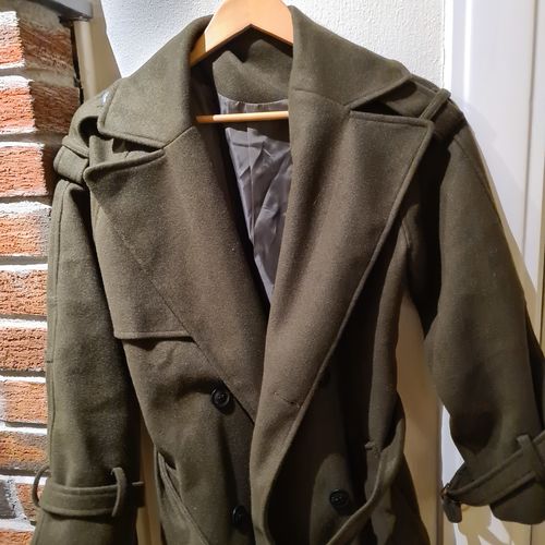 Bente I. review of Army green wool maxi coat with self tie belt C1762 image 1 out of 1