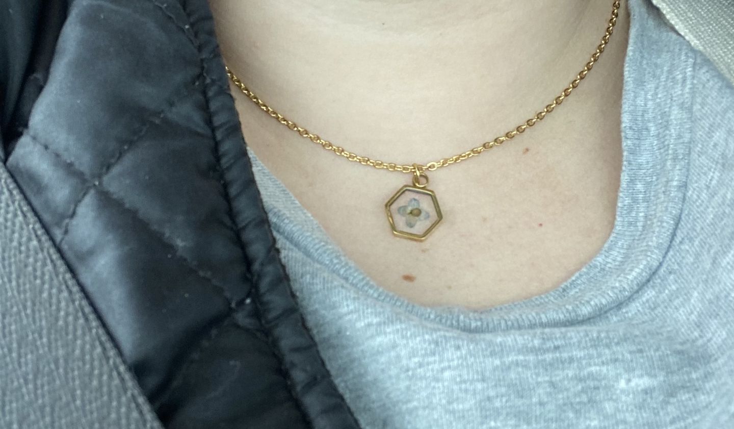 Customer photo review of Matthew 17:20 Forget Me Not Necklace