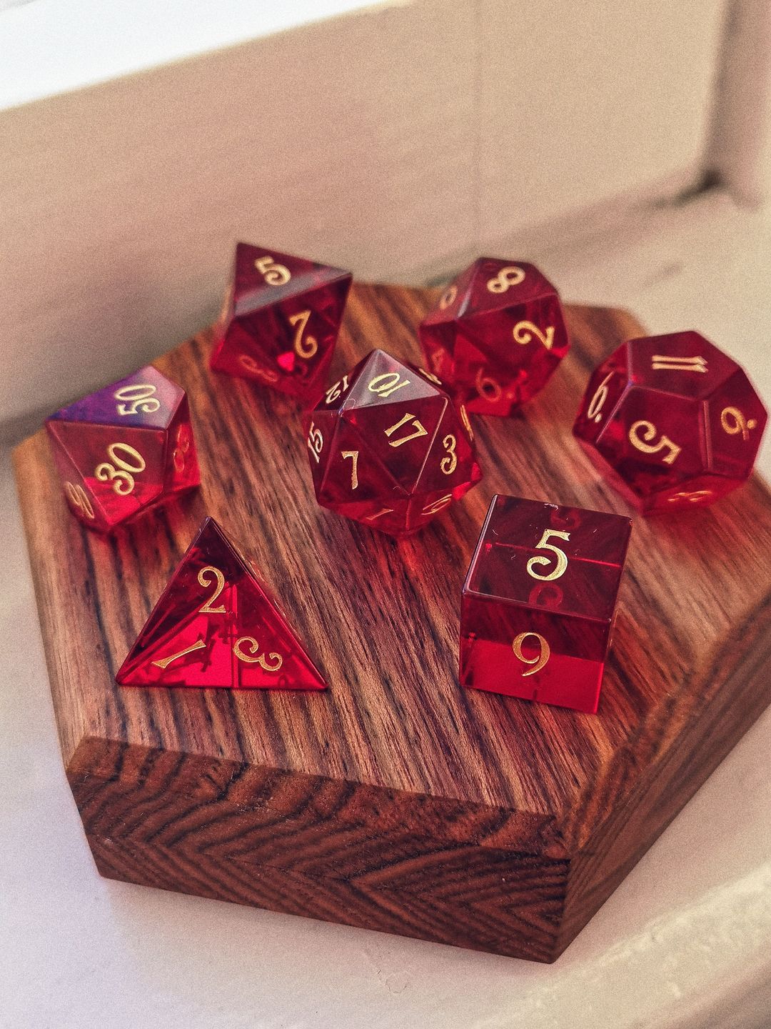 Customer photo review of URWizards D&D Garnet Glass Engraved Dice Set