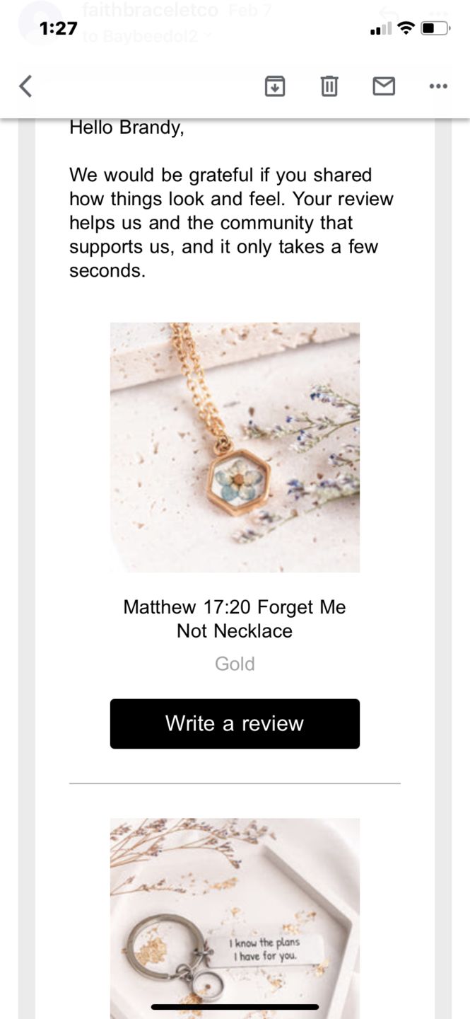 Customer photo review of Matthew 17:20 Forget Me Not Necklace