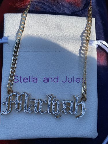 Customer photo review of Kids Double Plated Gothic  Name Necklace with Cuban Chain