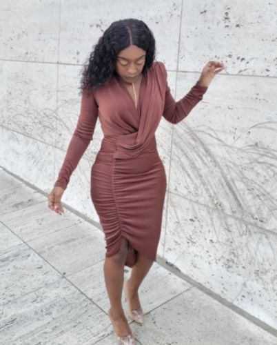 Customer photo review of Fashion Sexy Solid Asymmetrical V Neck Long Sleeve Dresses