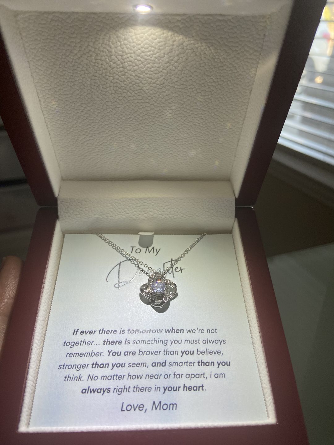 Customer photo review of To My Daughter - If Ever There Is Tomorrow - Love Knot Necklace