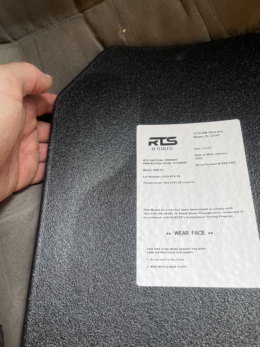 Customer photo review of RTS Tactical Ceramic NIJ 0101.06 Level IV Rifle Protection Plate Insert - 11 X 14