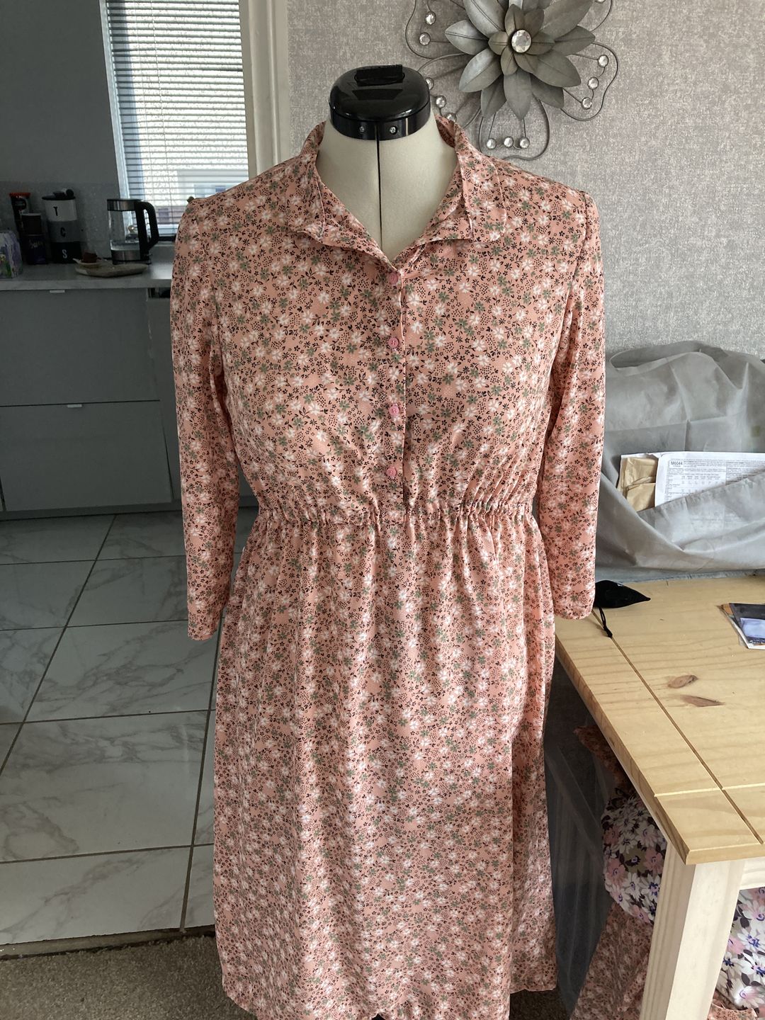 Customer photo review of Khaki and White on Peach Crepe Fabric
