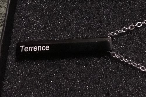 Customer photo review of Custom Engraved 3D Bar Necklace in 18K Gold Plating