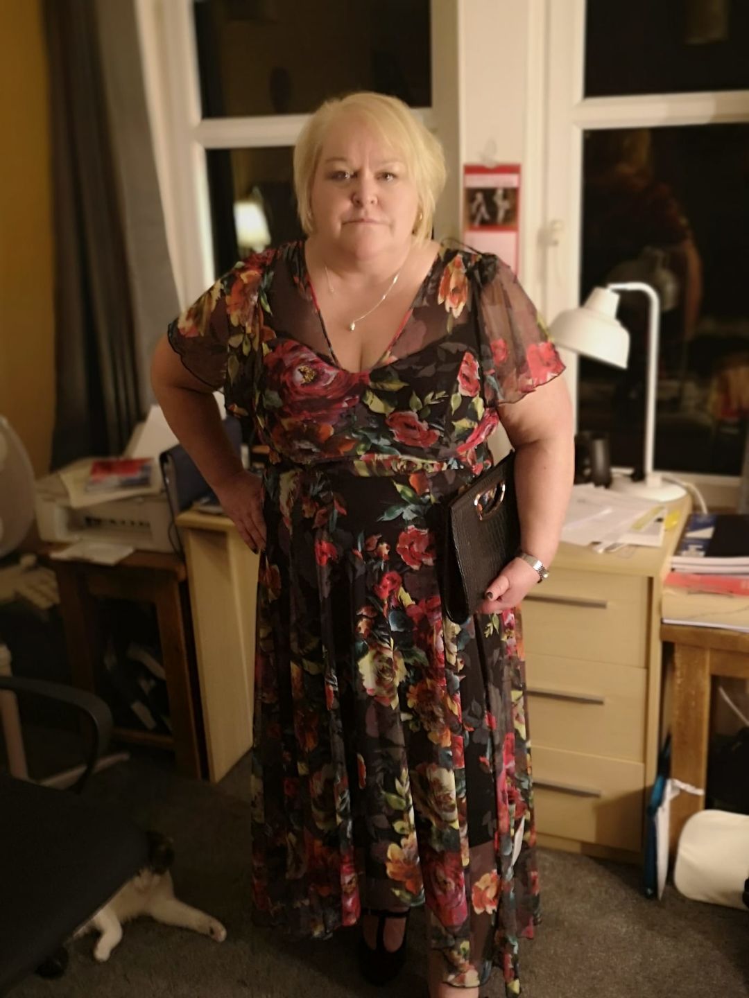 Customer photo review of Tilly Black Fuchsia Print Angel Sleeve Sweetheart Dress