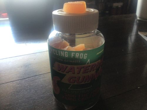 Customer photo review of Watermelon Gummies, 5mg D9 THC + 25mg CBD each, 40ct