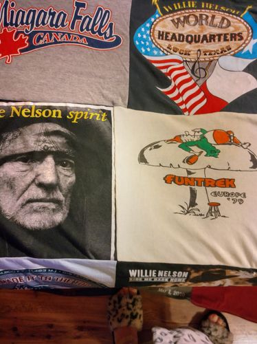 T-shirt quilt with music, outdoor activities themes by MARY from AR
