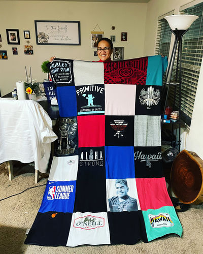 T-shirt quilt with surfing, beach culture themes by Daisy from NV