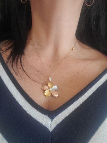 Customer photo review of Sterling Silver 30mm Tri-color CZ Plumeria Pendant