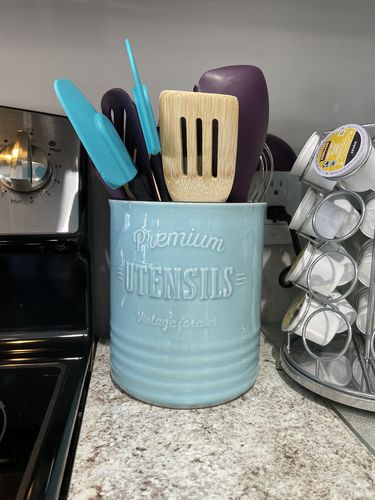 Customer photo review of Kitchen Ceramic Utensil Holder Crock - 7.2 Inches Turquoise