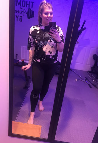 Customer photo review of Salty Savage™ Ladies Smile Knee V Cut High Waist NO FRONT SEAM Leggings | Wet Suit Performance Collection | Black/White Logo