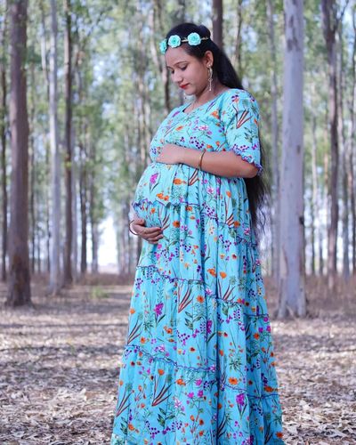 Customer photo review of Teal Aqua Multilayer Frill Single Concealed Zip Maternity & Nursing Dress