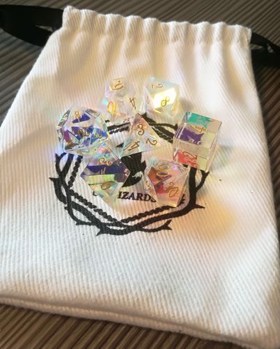 Customer photo review of URWizards D&D Dichroic Prism Glass Gemstone Engraved Dice Set