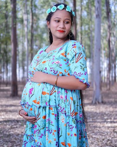 Customer photo review of Teal Aqua Multilayer Frill Single Concealed Zip Maternity & Nursing Dress