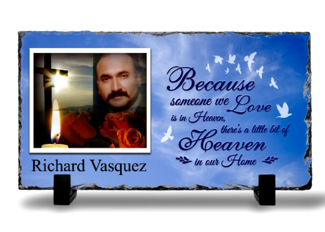 Customer photo review of Beautiful Memorial Slate Stone | Because Someone We Love Is In Heaven | Sympathy Gift Keepsake with Photo