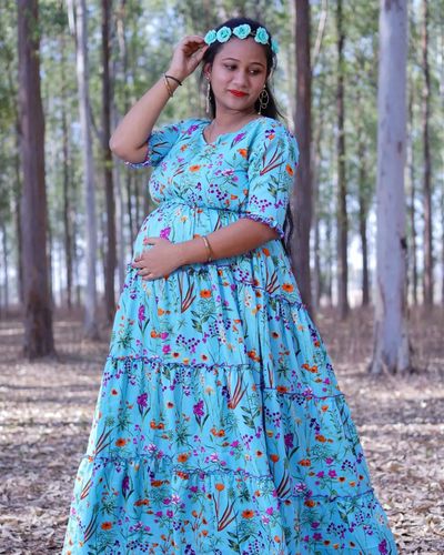 Customer photo review of Teal Aqua Multilayer Frill Single Concealed Zip Maternity & Nursing Dress