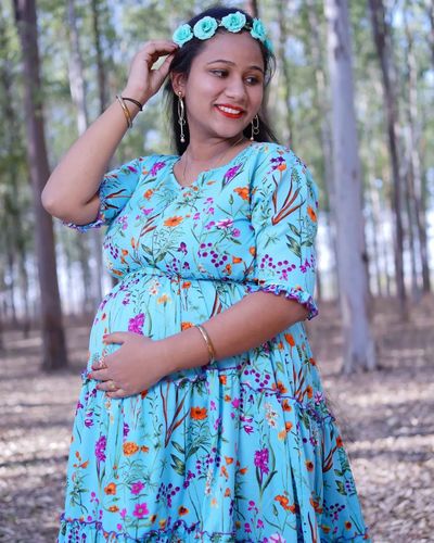 Customer photo review of Teal Aqua Multilayer Frill Single Concealed Zip Maternity & Nursing Dress