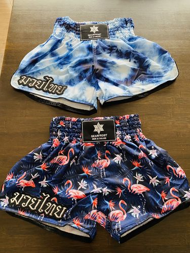 Customer photo review of Dark Tropical Flamingo Pattern Print Muay Thai Boxing Shorts