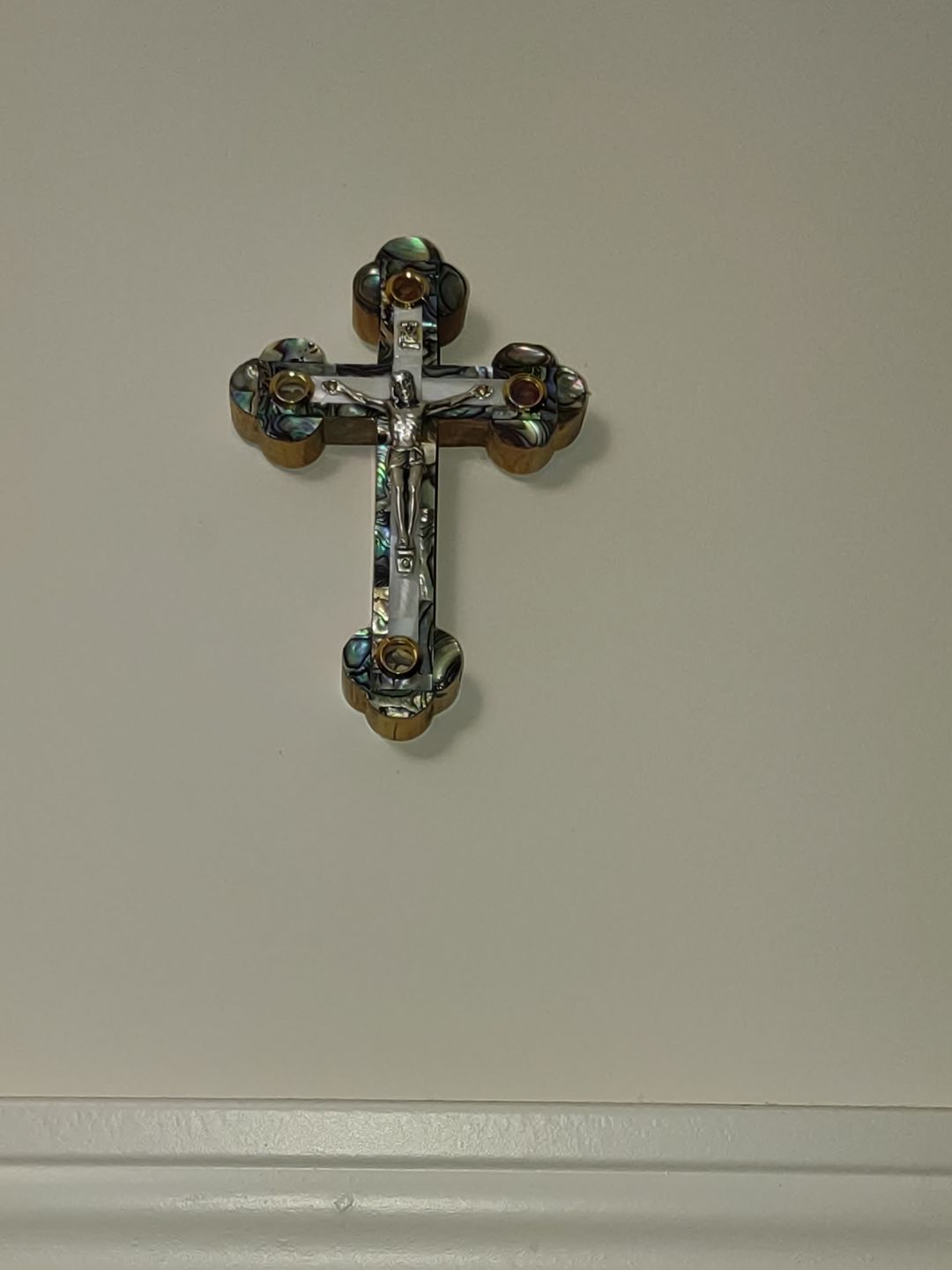 Customer photo review of Olive Wood Crucifix (Fully covered with Mother of Pearl) - Holy Land Crucifixes