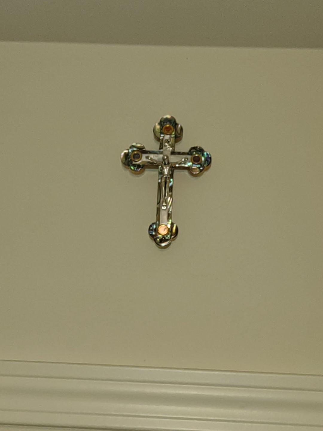 Customer photo review of Olive Wood Crucifix (Fully covered with Mother of Pearl) - Holy Land Crucifixes