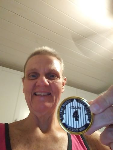 Customer photo review of 4 Year NY Baseball Themed AA/NA Recovery Medallion - 40mm Fancy Chip/Coin - Black/White