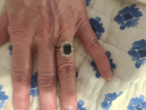 Customer photo review of Louily Yellow Gold Halo Emerald Cut Engagement Ring In Sterling Silver