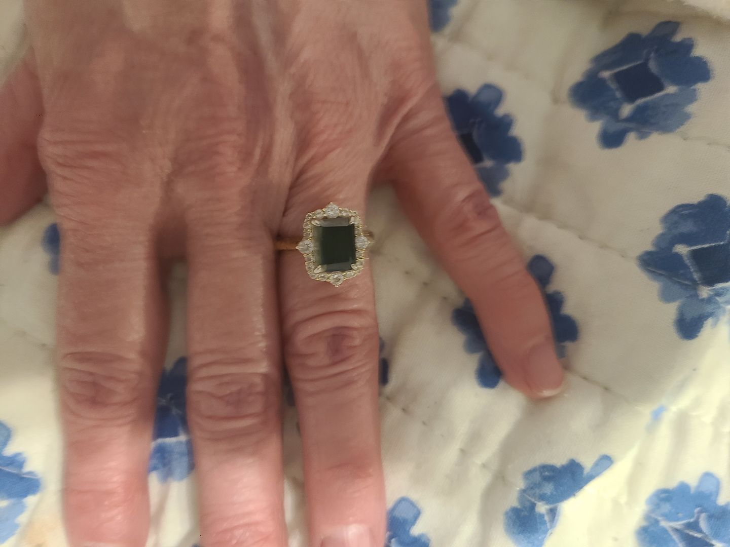 Customer photo review of S925 3.0Ct Emerald Cut Green/Red/Blue Stone Halo Engagement Ring Vintage Ring