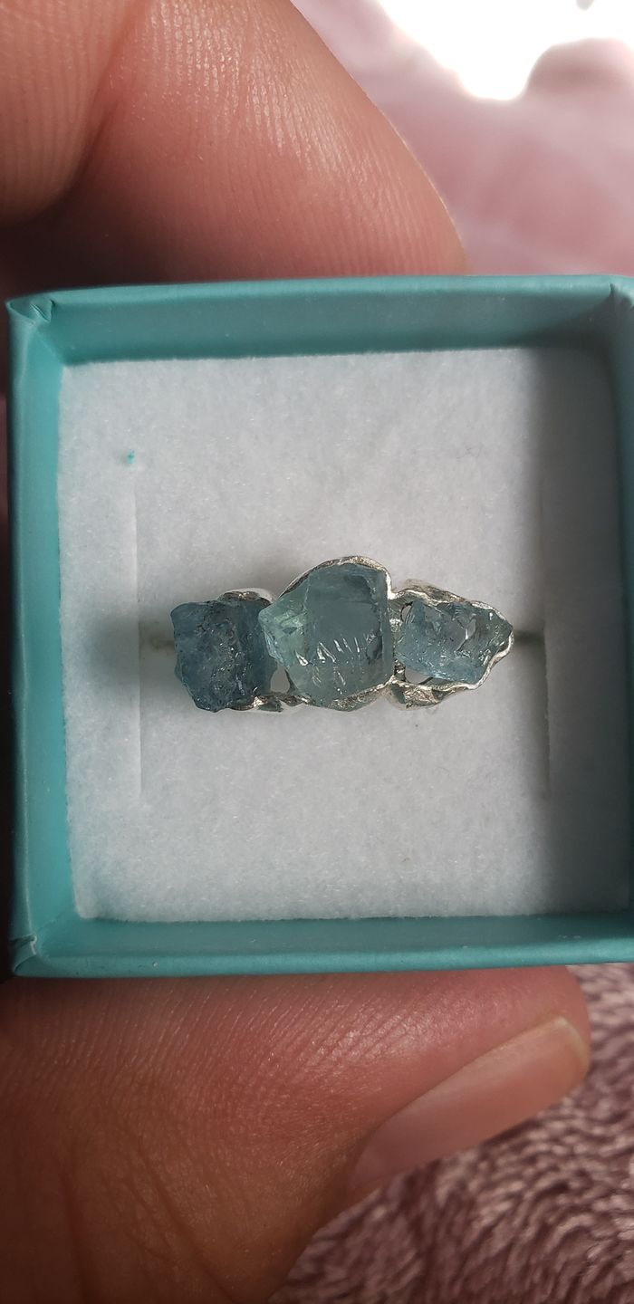Customer photo review of Three Stone Raw Aquamarine Ring Sterling Silver