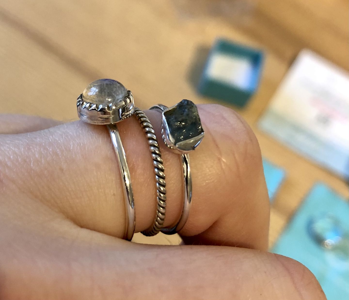 Customer photo review of Moonstone and Aquamarine Ring Stacking Set Sterling Silver